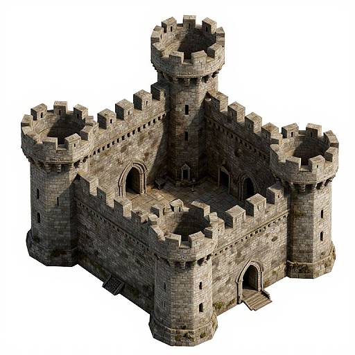 Photorealistic CGI rendering of a medieval stone castle with four tall, crenellated towers, arched windows, and a central entrance.