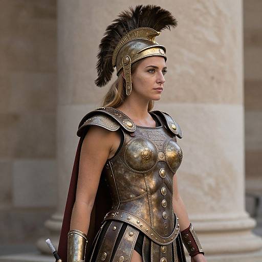 Photorealistic CGI of a blonde woman in ancient Greek-style bronze armor with black feathered helmet, standing in front of a stone column.