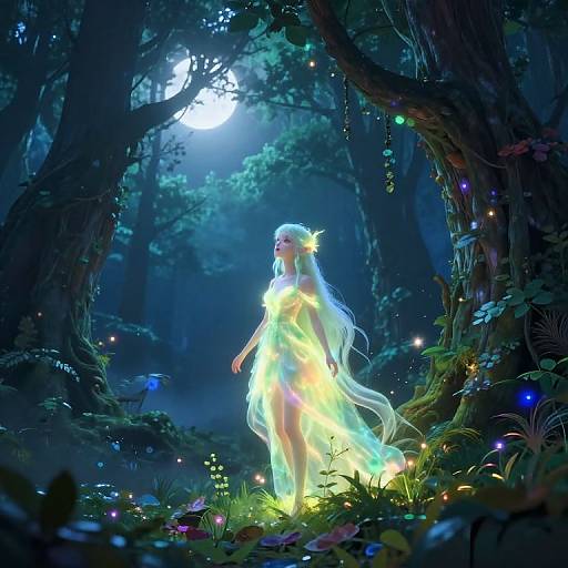 Digital fantasy artwork of a glowing, ethereal female figure with long, luminescent hair, standing in a mystical, moonlit forest.