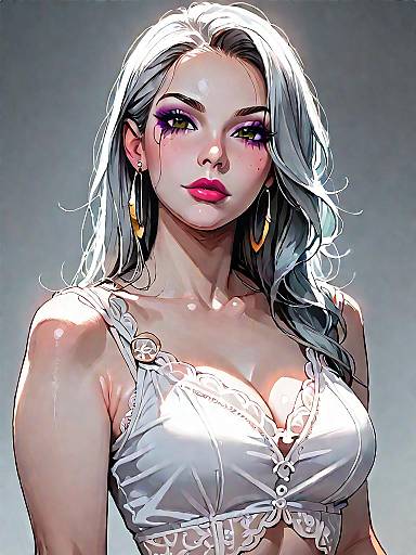 Stylish Woman with Silver Hair in White Lace Top