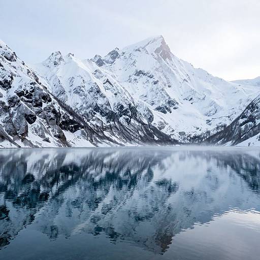 Photograph of a serene, reflective lake surrounded by snow-capped mountains under a bright, overexposed sky; stark contrast between white snow and dark