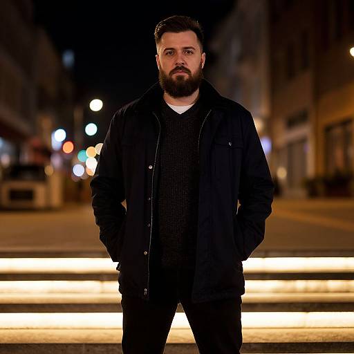 Photograph of a bearded man with dark hair, wearing a black jacket and shirt, standing on a nighttime city street with blurred lights in the background
