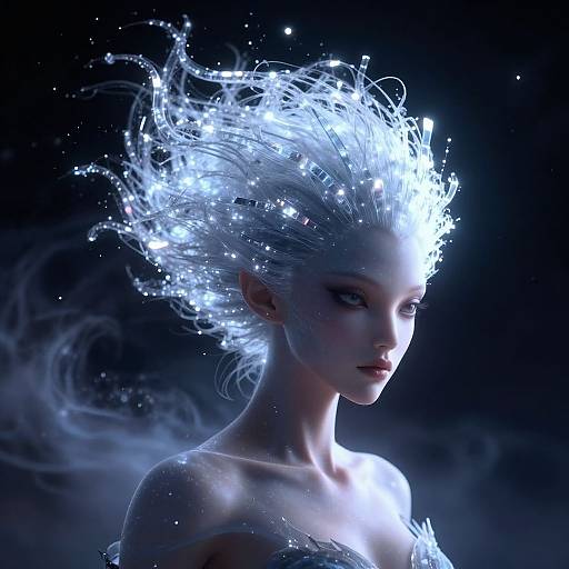 Digital artwork of an ethereal, pale-skinned woman with glowing, white, star-like hair against a dark, smoky background. Her expression is
