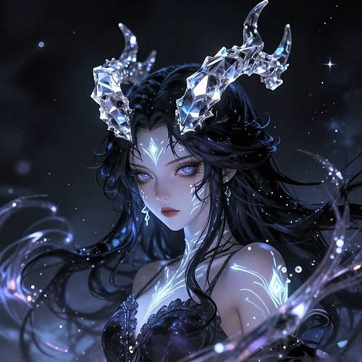 Digital fantasy artwork of a pale, ethereal woman with glowing blue markings, dark flowing hair, and crystalline, luminescent horns, set against