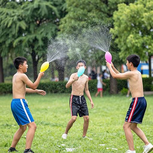 Photograph of three shirtless Asian boys playing with water guns in a grassy park; one boy holds a yellow gun, another a pink one,