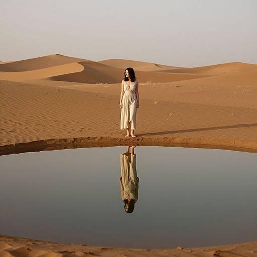 Photograph of a woman in a flowing white dress standing in a desert oasis, reflected in a calm, circular water pool, with golden sand dunes