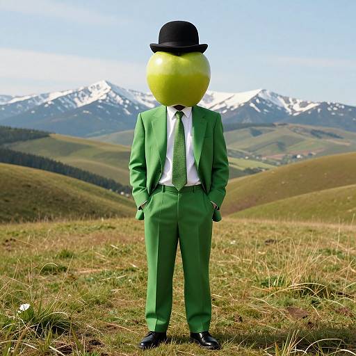 Photograph of a person with a green, round, yellow-topped head in a green suit, black hat, white shirt, and green tie,