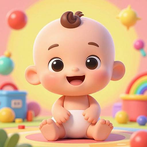 Cute 3D CGI baby with big eyes, smiling, wearing a white diaper, sitting in a colorful toy-filled playroom.