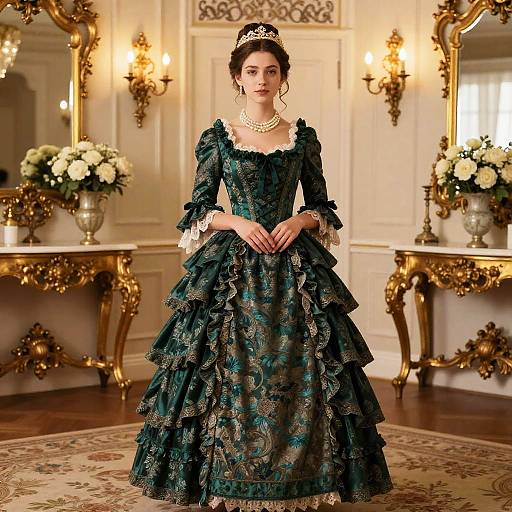 Photograph of a young woman in an ornate, dark green, ruffled Victorian-style gown with gold patterns, standing in an opulent room with