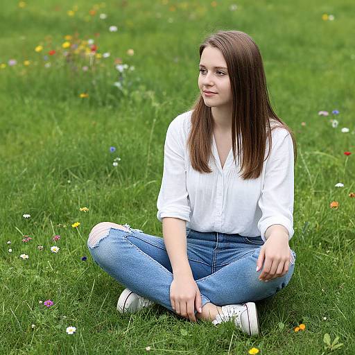 Young woman with straight brown hair, white blouse, and blue ripped jeans sits cross-legged on vibrant green grass with colorful wildflowers.