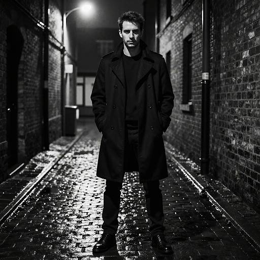 Black-and-white photograph of a serious, dark-haired man in a long coat standing in a wet, cobblestone alley at night.
