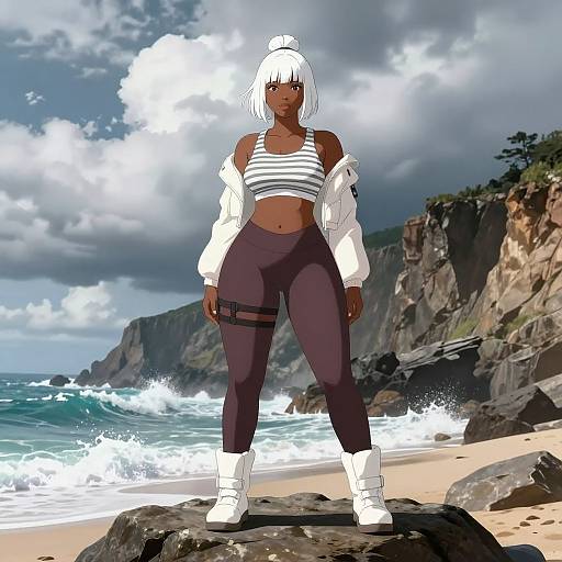 Digital art of a dark-skinned woman with white bob haircut, wearing striped crop top, white jacket, and purple leggings, standing on rocky beach with