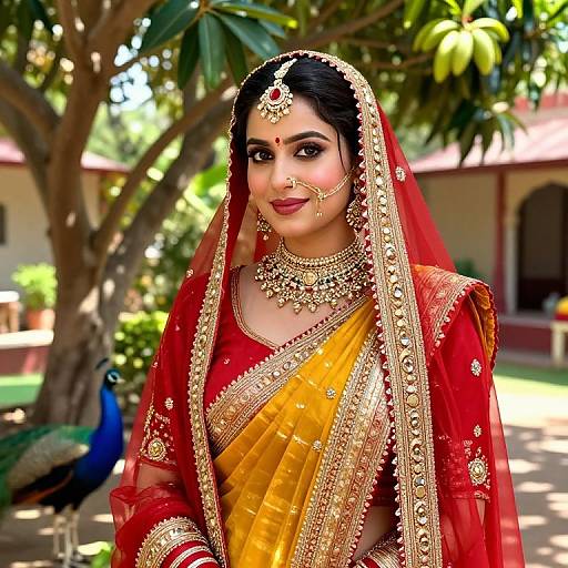 Photograph of an Indian bride in a red and gold traditional saree with gold embroidery, veil, and jewelry, standing outdoors with a peacock in