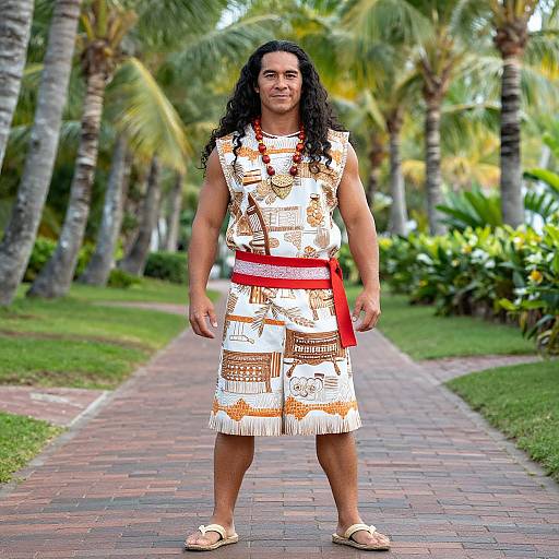 Photograph of a muscular man with long black hair, wearing a white, patterned tunic, red belt, and sandals, standing on a brick