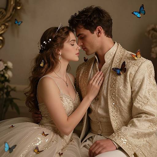 Photograph of a romantic couple in ornate, gold-embroidered attire, gently touching foreheads with blue butterflies around them, in a soft