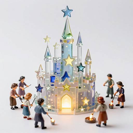 Photograph of a colorful, star-adorned castle with glowing entrance, surrounded by six small, toy-like children with brooms and buckets, playing