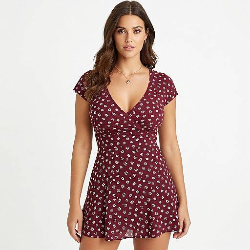 Photograph of a curvy woman with long brown hair, wearing a maroon V-neck dress with white floral patterns, standing against a white background.