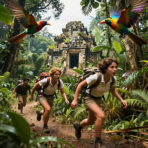 Photograph: Three hikers, wearing backpacks and white shirts, run through a lush jungle towards an ancient stone temple, with vibrant parrots flying