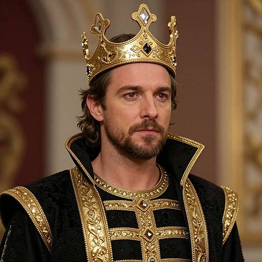 Photograph of a bearded man with brown hair, wearing a gold crown and ornate black and gold royal robe, looking serious.