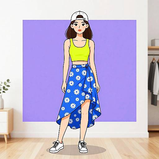 Digital drawing of a young woman in a yellow crop top, blue floral skirt, white cap, and white sneakers, standing against a purple square background in