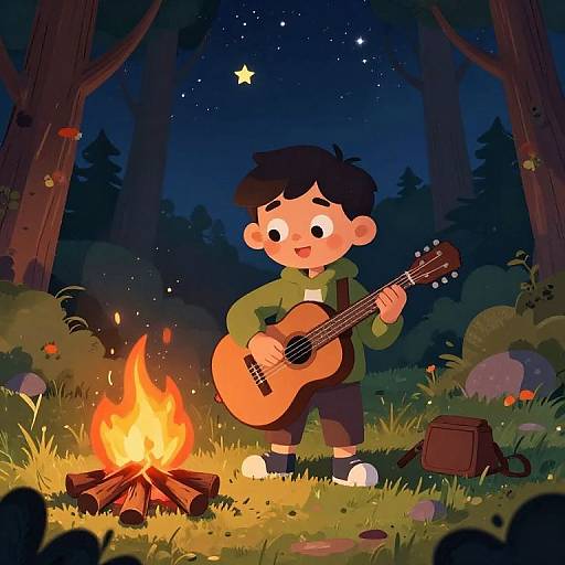 Whimsical Cartoon Fella by Campfire