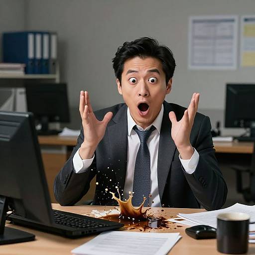 Photograph of an Asian man in a black suit, shocked expression, hands raised, coffee splashing on desk in office setting.