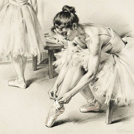 Black and white sketch of a ballerina adjusting her pointe shoe, wearing a tutu, with another dancer in a dress in the background.