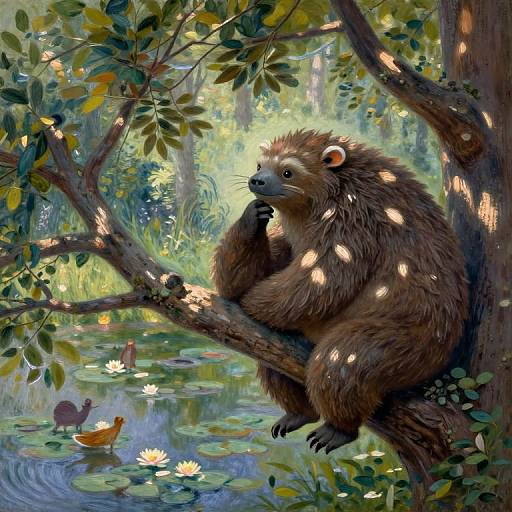 Digital painting of a brown, furry, contemplative otter-like creature sitting on a tree branch over a sunlit, serene pond with lilies and