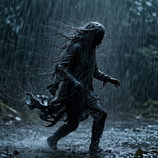 Photograph: Silhouetted figure with long, wet hair running through heavy rain, creating dramatic water splashes on a dark, rain-soaked
