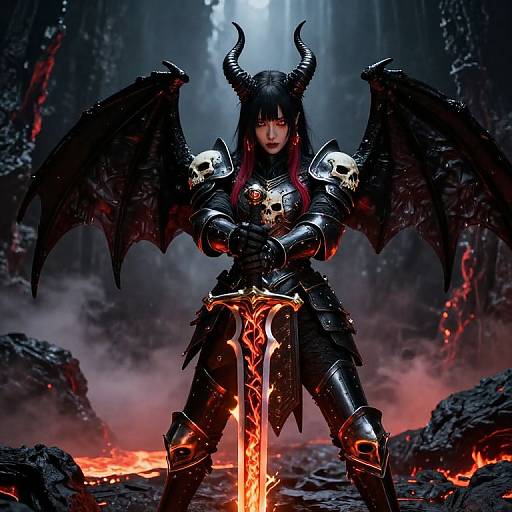 Digital art of a fierce female demon warrior with black wings, horns, and armor, holding a glowing red sword in a volcanic, rocky landscape.