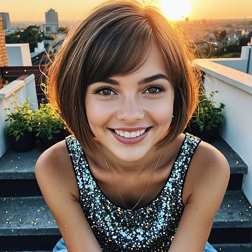 Smiling Woman Sitting on Rooftop Steps at Sunrise