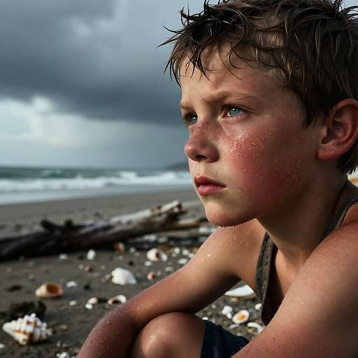 Photograph of a young boy with wet, tousled brown hair, blue eyes, and flushed cheeks, sitting on a rocky, shell-strewn