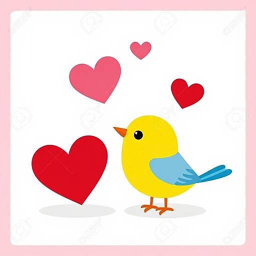 Bright digital illustration of a yellow and blue bird with red hearts around it, standing on orange legs, against a white background with a pink border.