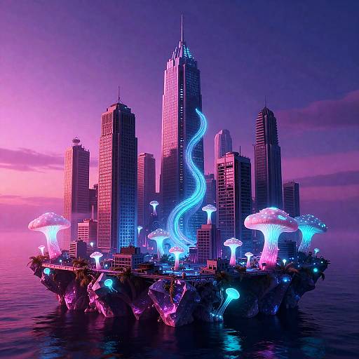 Glowing Fungal Metropolis on Crystalline Atoll