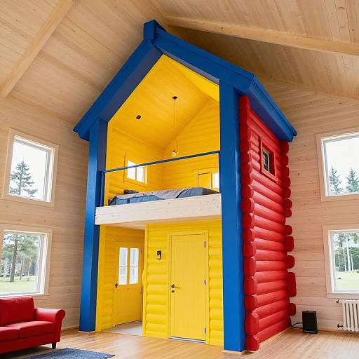 Photograph of a vibrant, wooden attic room with a yellow, blue, and red loft bed, yellow door, and red sofa.