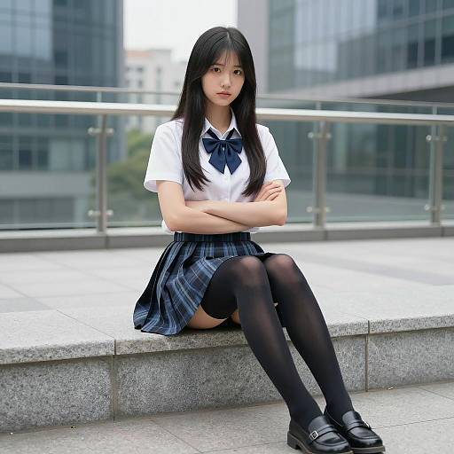 Young Asian Woman in School Uniform Sitting Outdoors