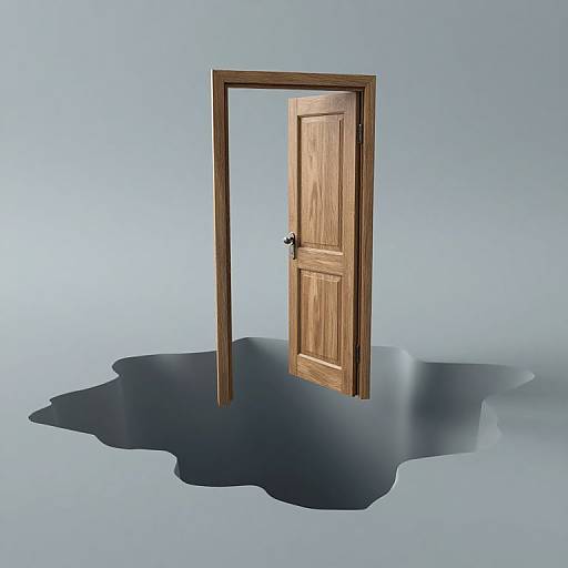 Photograph of a wooden door with a dark shadow on a light blue background, floating in mid-air, framed by a brown doorframe.