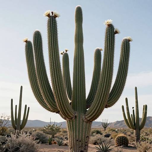 Photograph of a large, multi-armed saguaro cactus with white flowers, set against a clear blue sky and desert landscape.