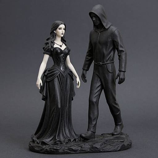 Photograph of a black-and-white, detailed statue depicting a woman in an elegant, gothic dress and a hooded man in rugged attire, standing