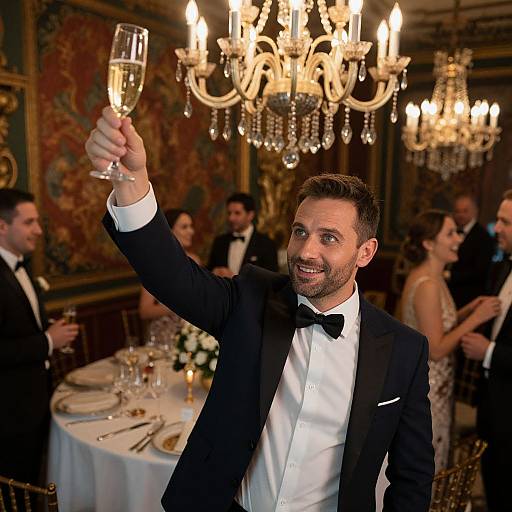 Photograph of a smiling bearded man in a black tuxedo raising a champagne glass in a luxurious, chandelier-lit banquet hall.