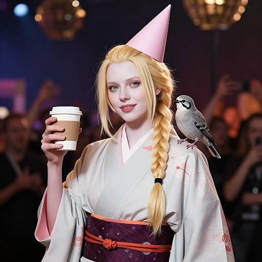 Photograph of a blonde woman in a white kimono with pink hat, holding a coffee cup, bird perched on her shoulder, dimly lit