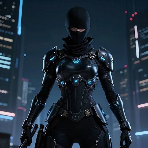 CGI image of a female cyber-warrior in black, glossy, high-tech armor with blue accents, balaclava, and gloves, standing