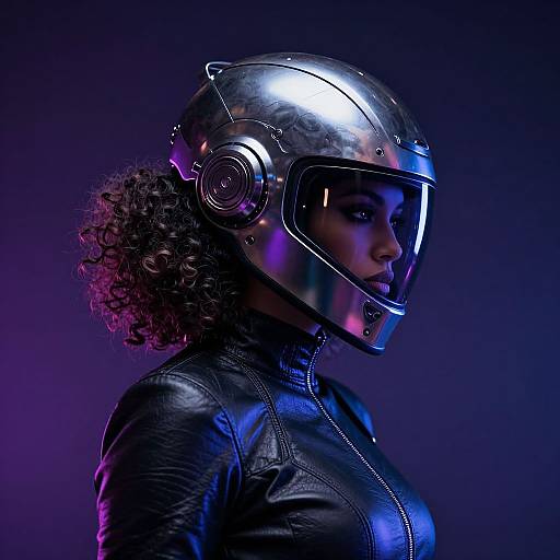 Photograph of a woman with curly hair wearing a shiny, reflective helmet and black leather suit, illuminated by purple and blue lights against a dark background.