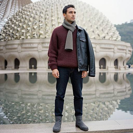 Man in Burgundy Sweater by Reflecting Pool