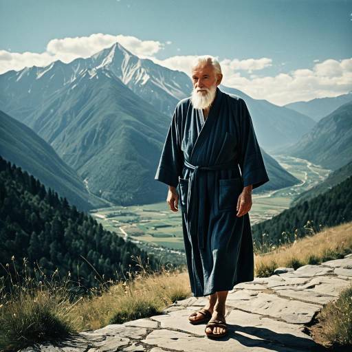 Wise Elder in Robe on Mountain Path