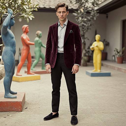 Photograph of a serious young man in a dark velvet blazer, white shirt, black pants, and black shoes, standing in an outdoor courtyard with