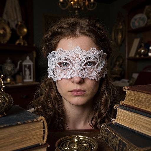 Photograph of a fair-skinned woman with blue eyes, wearing a white lace masquerade mask, surrounded by old, leather-bound books in a