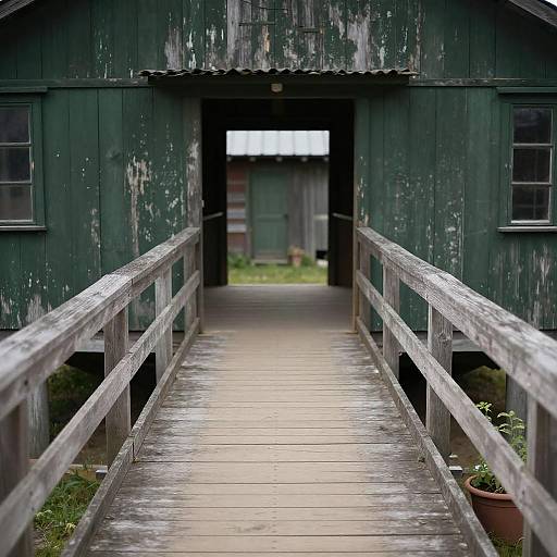 Narrow Wooden Walkway Leading to Rustic Green Building