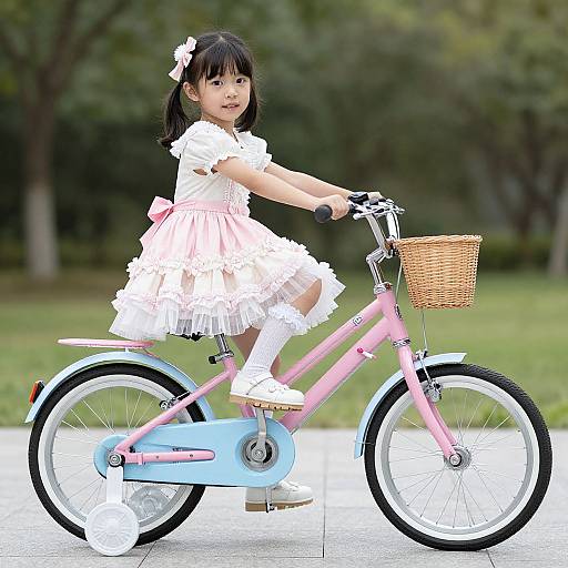 Photograph of an Asian girl with black hair in a white frilled pink dress, riding a pink bike with a wicker basket, on a park