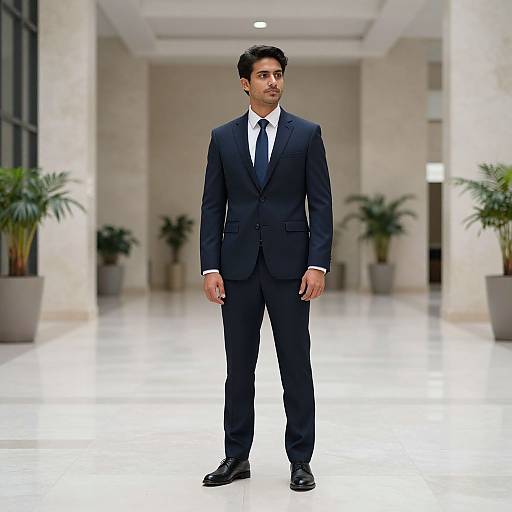 Photograph of a young South Asian man in a black suit, white shirt, and black tie, standing in a modern, well-lit hallway with